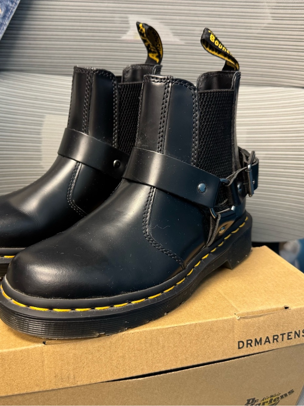 Dr. Martens Black Leather Harness Chelsea Boots with Yellow Stitching Pull Tabs